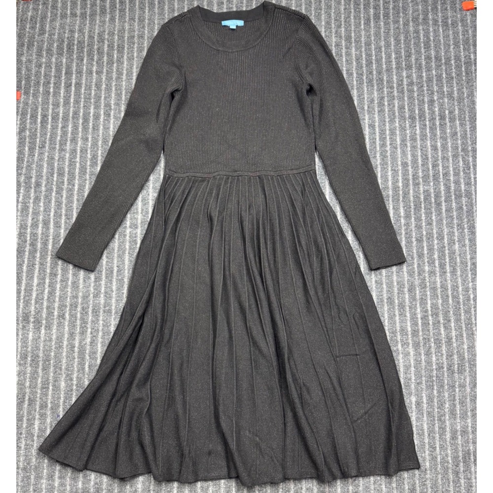 Draper James Womens Ribbed Pleated Sweater Dress L Black Metallic Long Sleeve